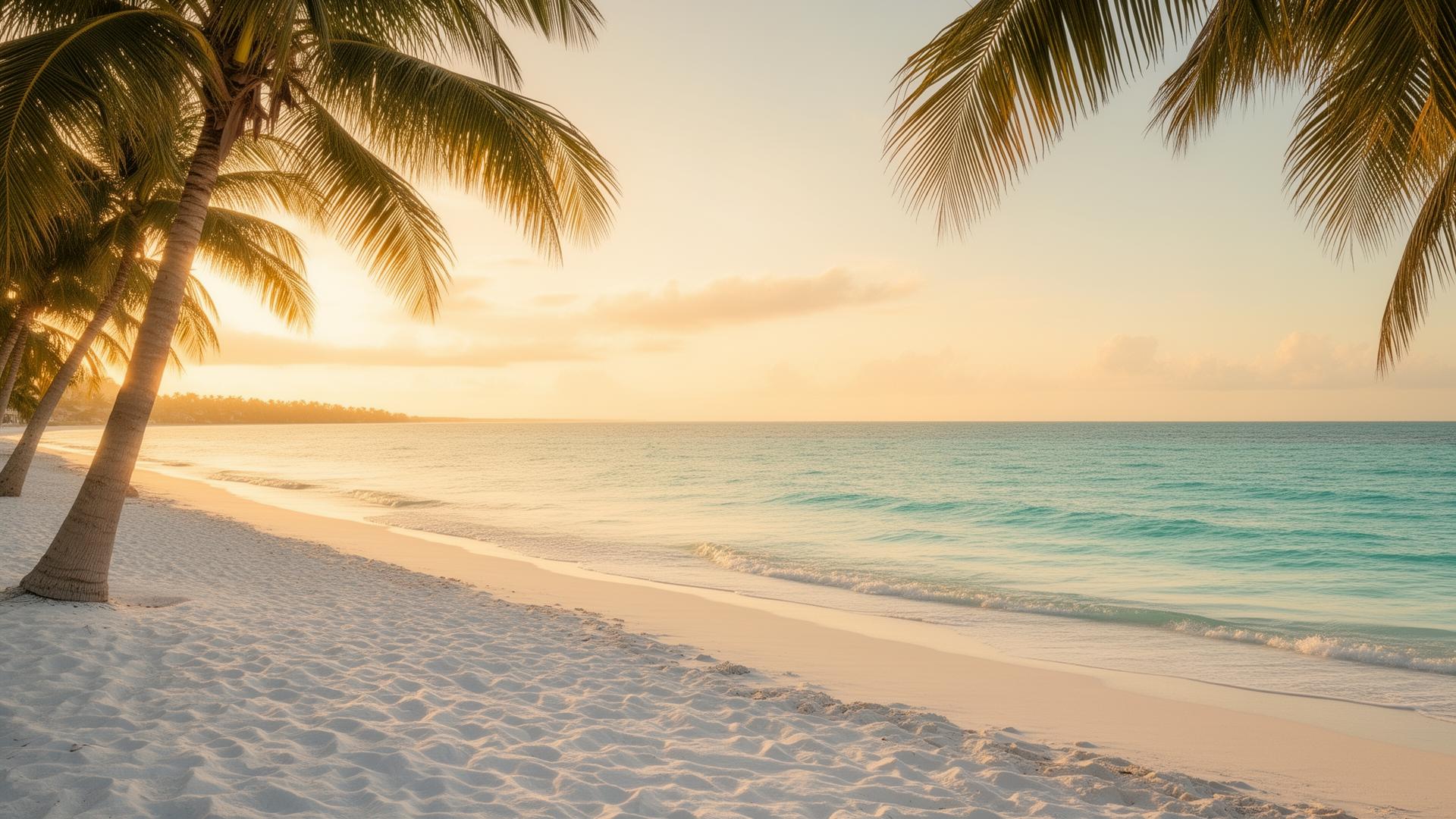 South Florida beach at golden hour with palms and turquoise water